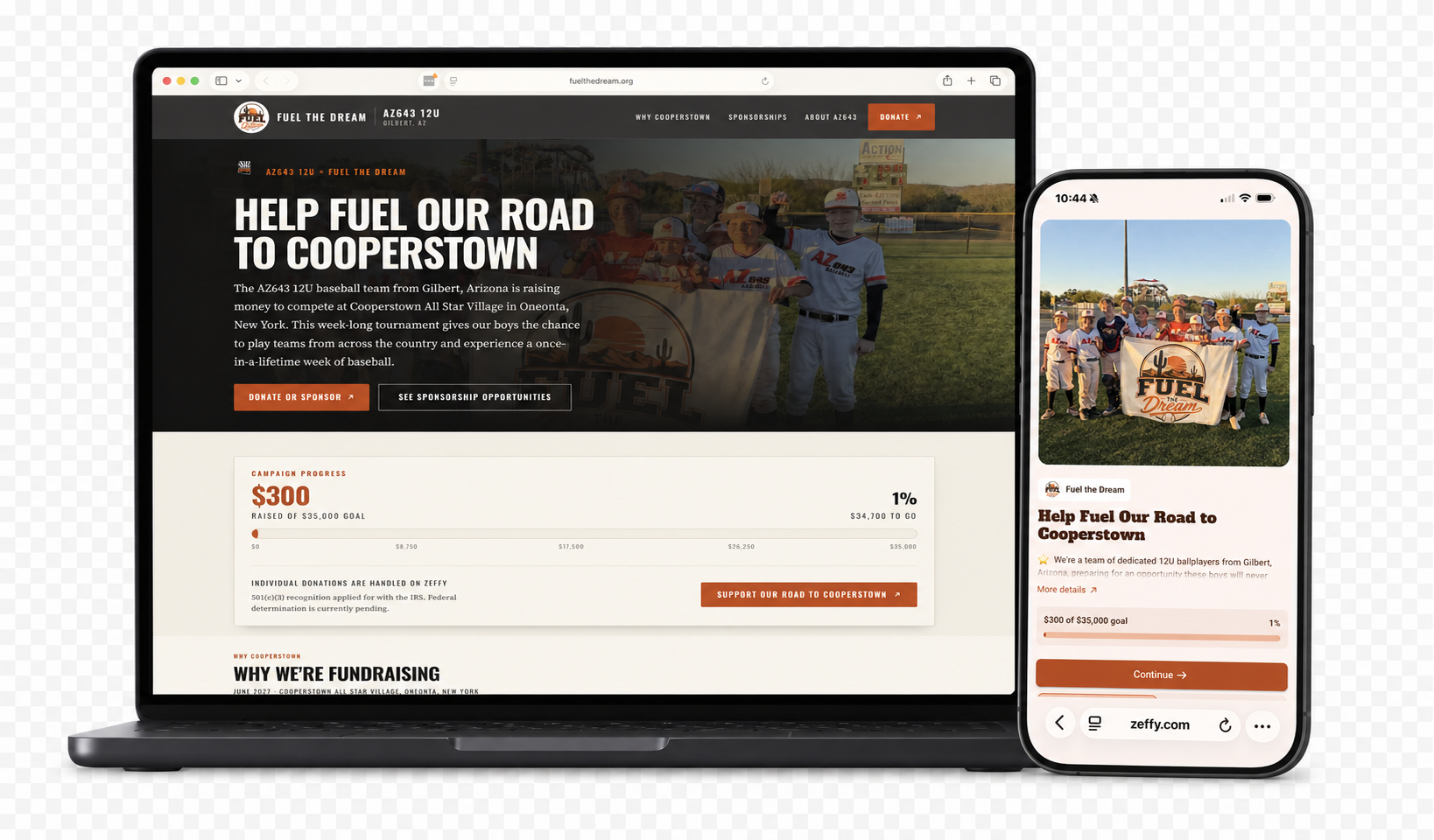 fuelthedream.org open on a laptop, next to a phone showing the Zeffy donation form